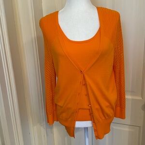 Metric knit sweater set in gorgeous tangerine, sleeveless shell & cardigan, Lg